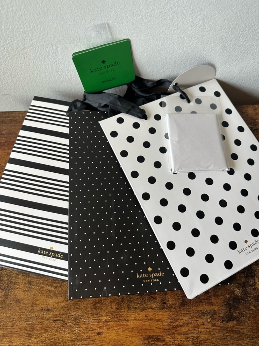 Kate Spade 3 Pack Gift Bag Set Black and White Polka Dot & Stripes NWT